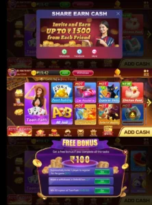 Mobile gaming app interface showing Teen Patti, Rummy, Car Roulette, and other casino-style games with cash bonus and referral offers.